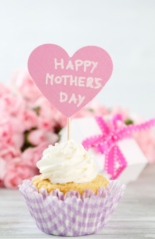 Happy Mother’s Day With Cupcake, Flowers And A Gift