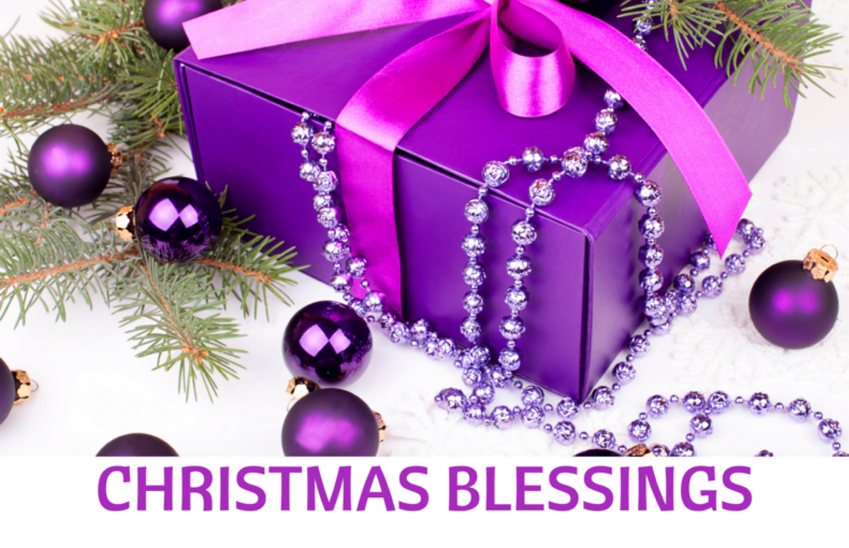Christmas Blessings With Purple Gift And Purple Ornaments