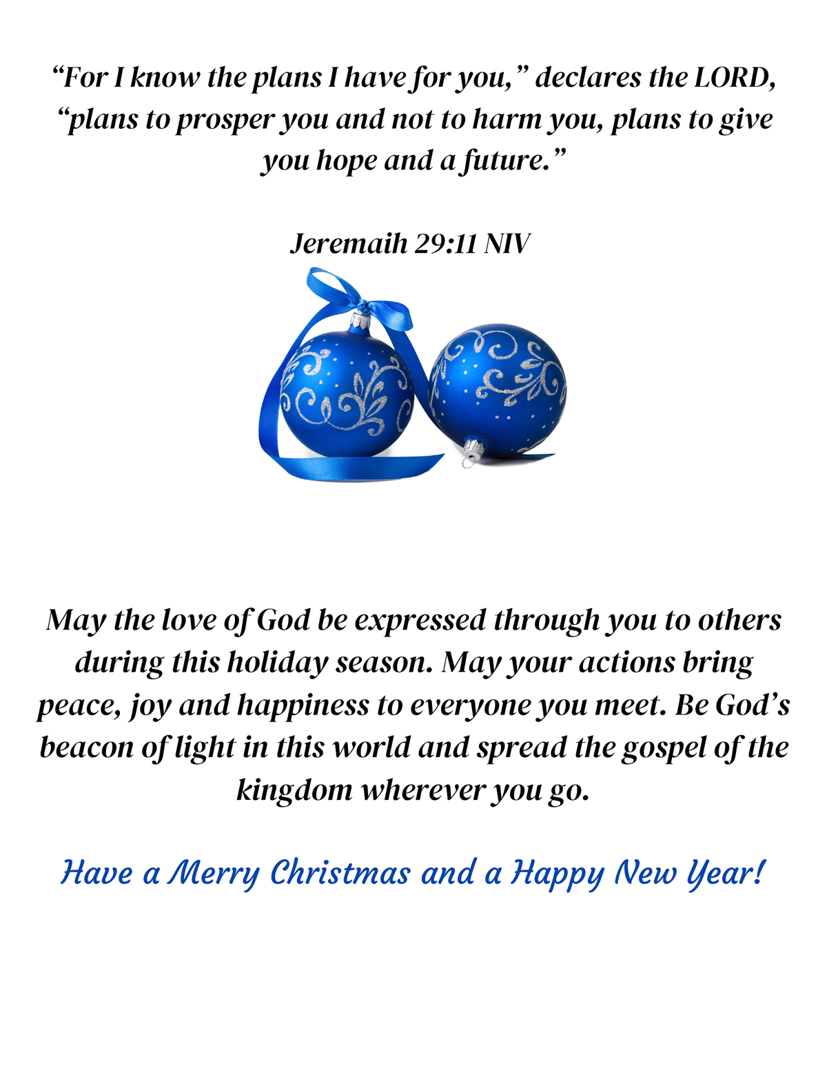 Merry Christmas With Two Blue Ornaments And Blue Garland