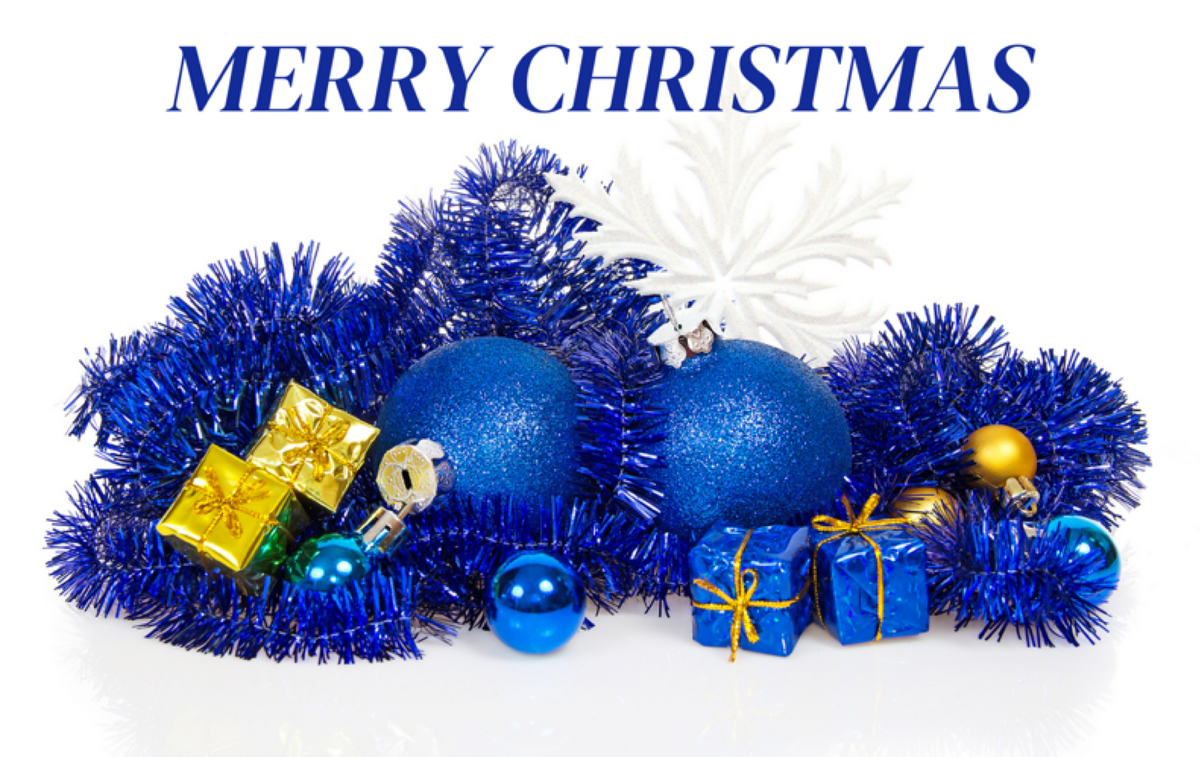 Merry Christmas With Two Blue Ornaments And Blue Garland