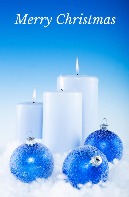 Merry Christmas With Three Lit White Candles And Three Blue Ornaments