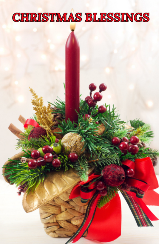 Christmas Blessings With Lit Red Candle In Decorated Basket