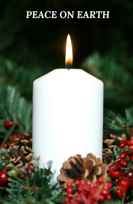 Peace On Earth With One Lit White Candle And Decorations
