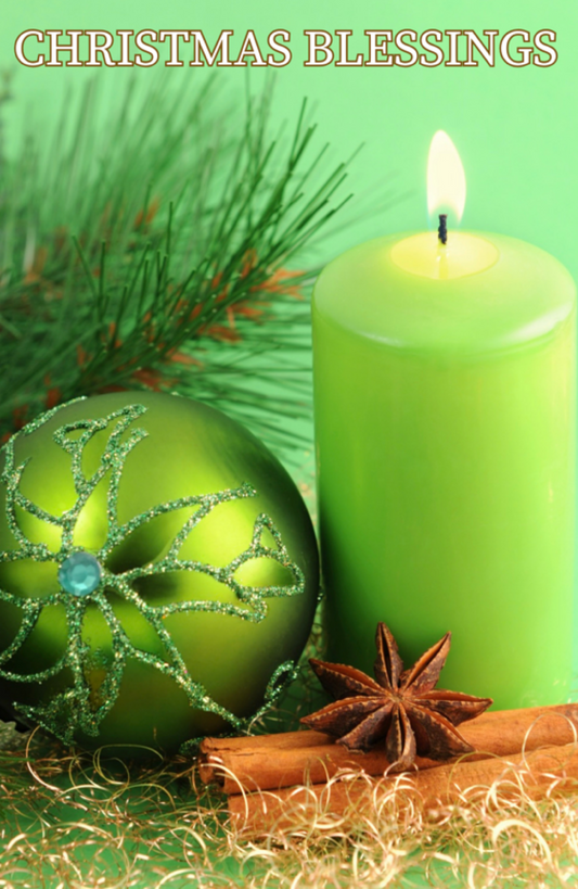 Christmas Blessings With Lit Green Candle And Green Ornament