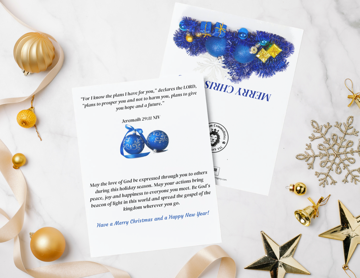 Merry Christmas With Two Blue Ornaments And Blue Garland