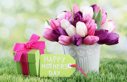 Happy Mother’s Day Tag With Gift And Tulips In A Pot