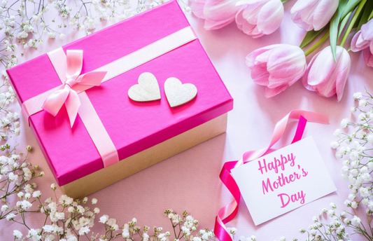 Happy Mother’s Day With Gift, Pink Tulips And Baby’s Breath