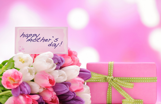 Happy Mother’s Day With Multicolored Tulips And A Pink Gift