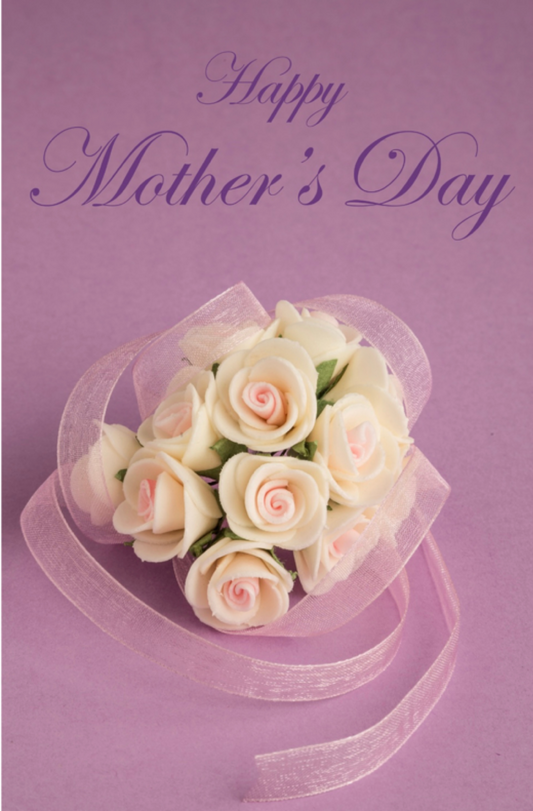 Happy Mother’s Day With White Candy Roses And A Pink Ribbon